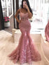 Spaghetti Straps Mermaid Pink V Neck Tulle Prom Dresses With Applique LBQ4172